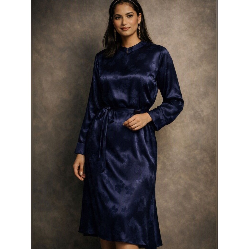 vince tulip jacquard High Neck Floral long sleeve dress blue S NWT